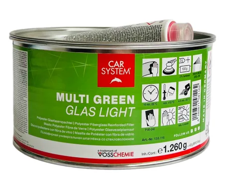 Шпатлевка 2К полиэфирная со стекловолокном MULTI GREEN GLAS LIGHT, зеленая (1.3кг)